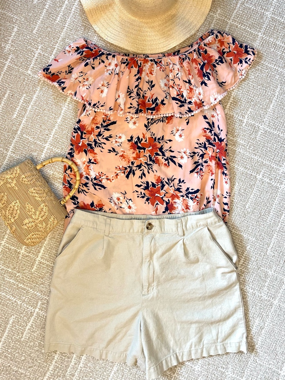 Top +Shorts for Amazing price Floral Off-Shoulder Ruffle and Shorts